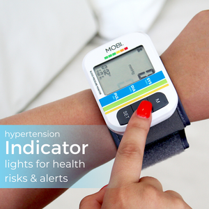 The MOBI Wrist Blood Pressure Monitor has a hypertension light indicator that gives out high blood pressure alerts, pulse rate monitoring, and irregular heartbeat detection