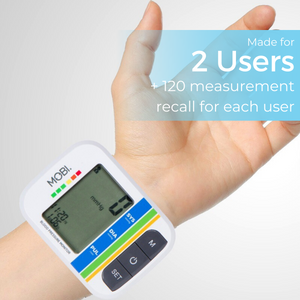 The MOBI Wrist Blood Pressure Monitor has 2-group memory storage that can save up to 120 readings and a hypertension indicator for high blood pressure, are integrated into the device