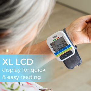 The MOBI Wrist Blood Pressure Monitor includes an Extra-Large, Readable LCD Display A big and readable LCD screen shows systolic, diastolic, and pulse information, as well as the current date and time